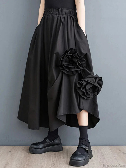 Vintage Floral Baggy Midi Skirt Black / One Size