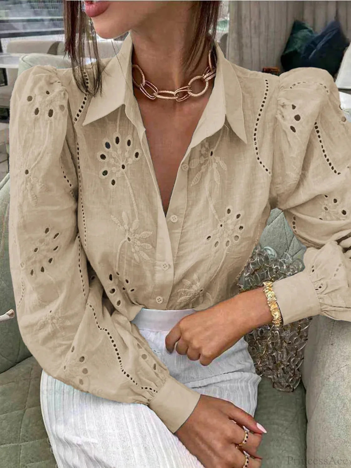 Vintage Floral Embroidery Hollow Out Puff Sleeve Boho Blouse Apricot / S bohoblouse-250126