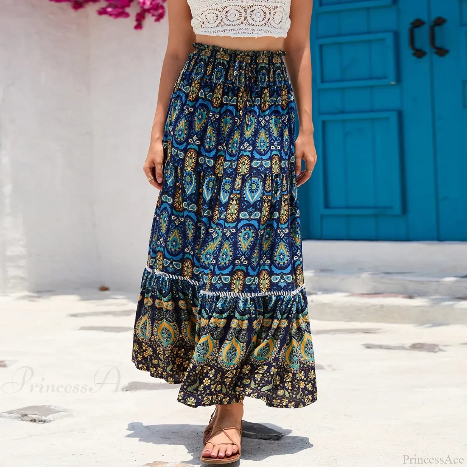 Vintage Floral Peacock Skirt High Elastic Beach Bohemian A-line Navy blue / S