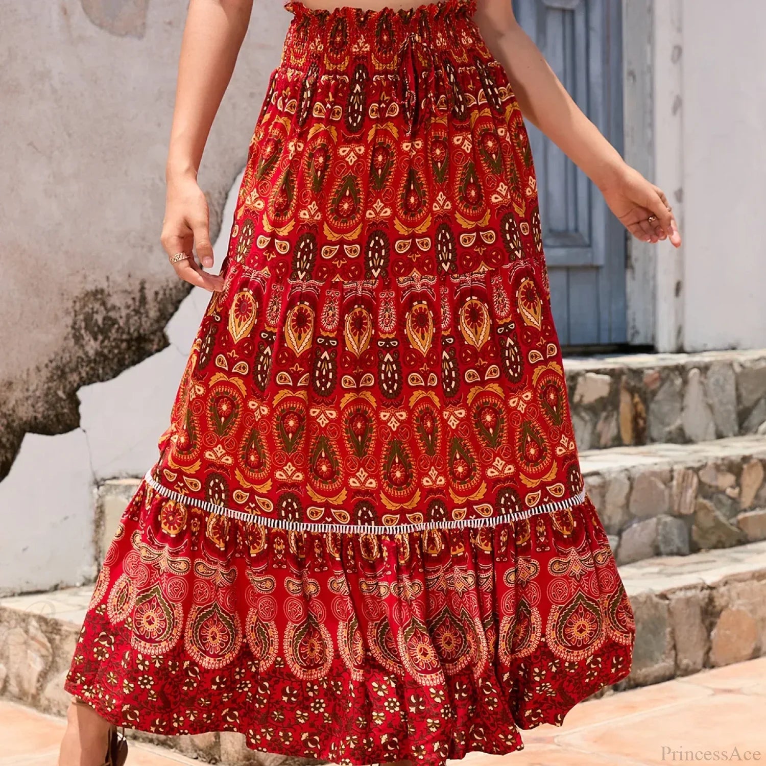 Vintage Floral Peacock Skirt High Elastic Beach Bohemian A-line Red / S