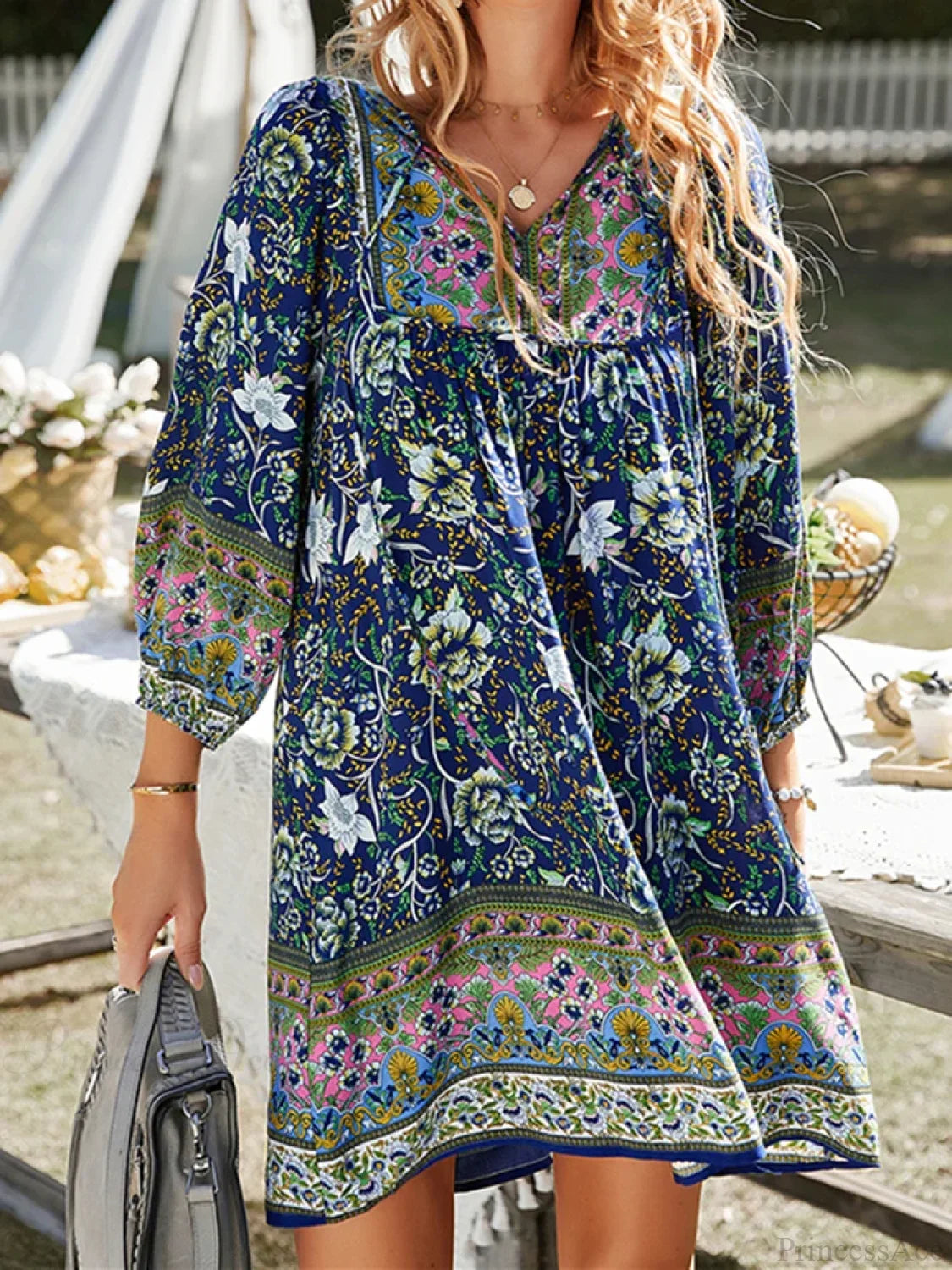Vintage Floral Print Boho A-Line Dress bohodress-250126