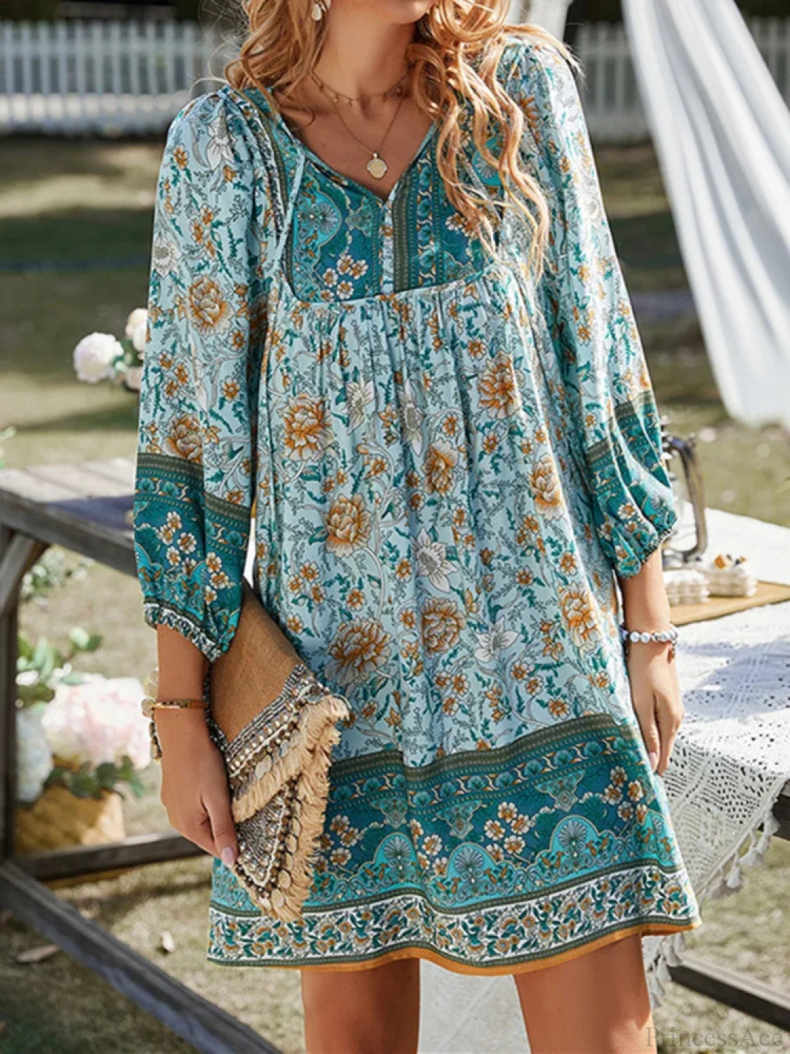 Vintage Floral Print Boho A-Line Dress bohodress-250126