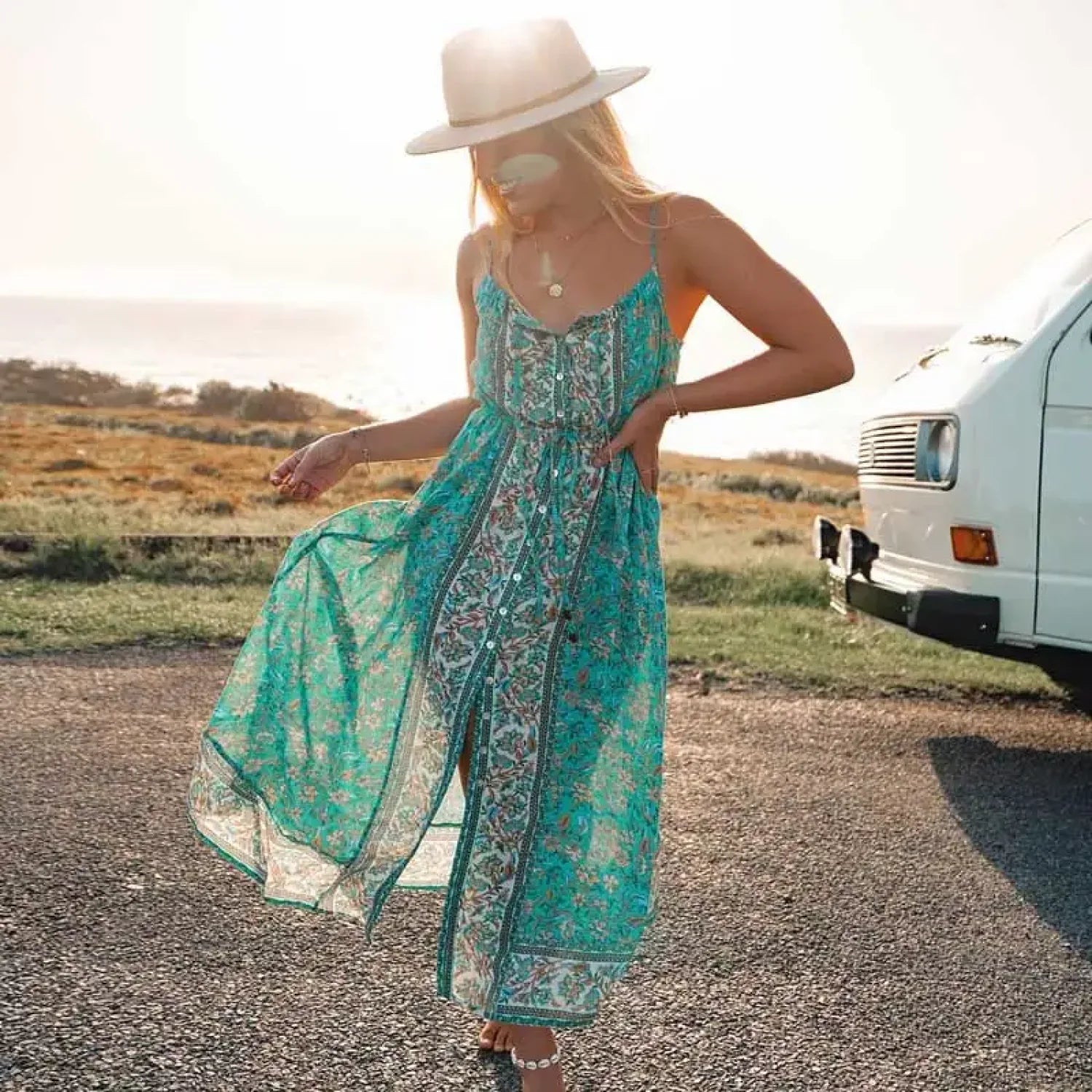 Vintage Floral Print Boho Midi Dress Turquoise / S bohodress-250126