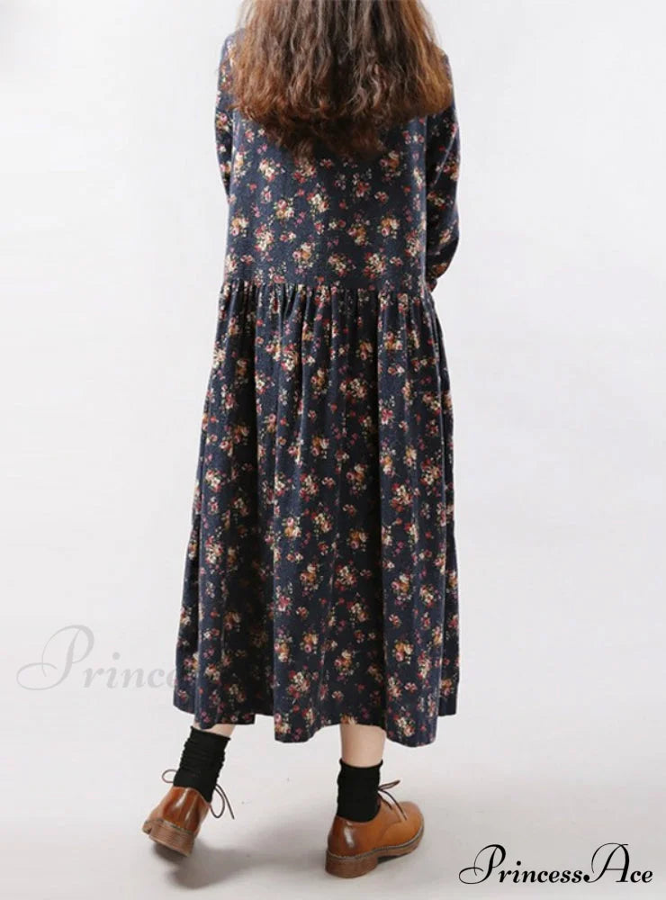 Vintage Floral Print Dress With Long Sleeves And O Neck For Women Pockets L / Khaki Party Dresses-L