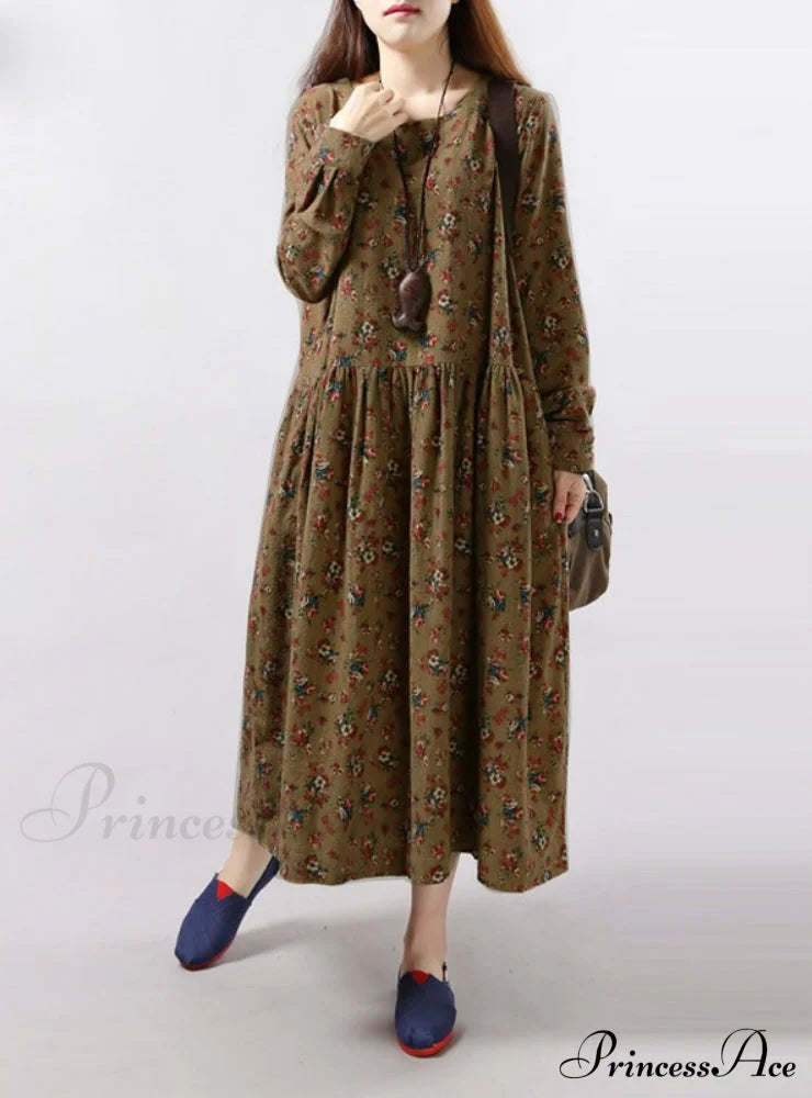 Vintage Floral Print Dress With Long Sleeves And O Neck For Women Pockets L / Red Party Dresses-L