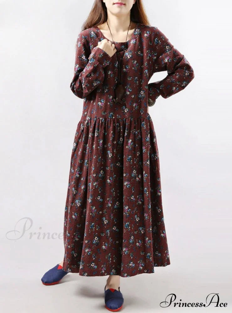 Vintage Floral Print Dress With Long Sleeves And O Neck For Women Pockets M / Khaki Party Dresses-L
