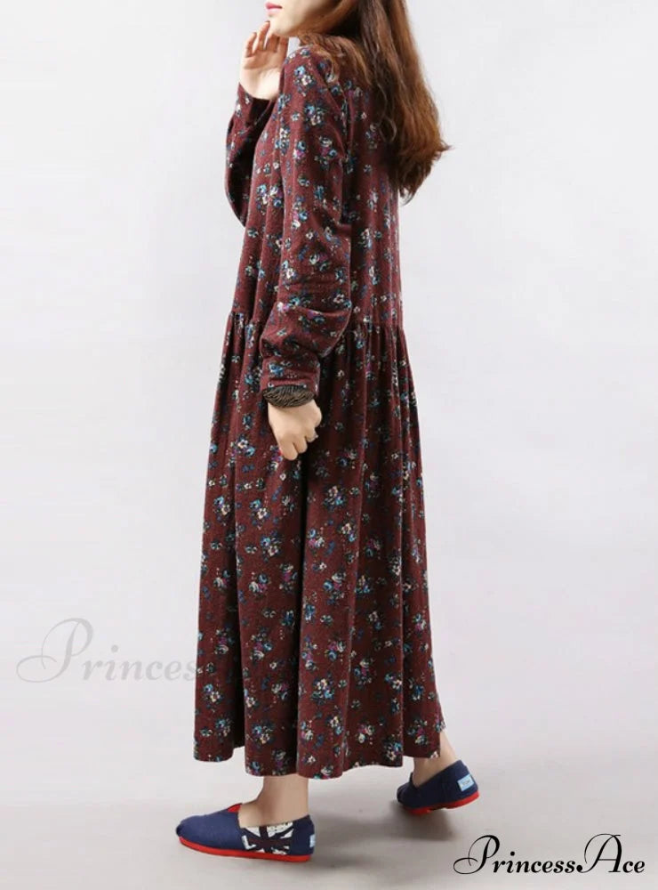 Vintage Floral Print Dress With Long Sleeves And O Neck For Women Pockets M / Red Party Dresses-L