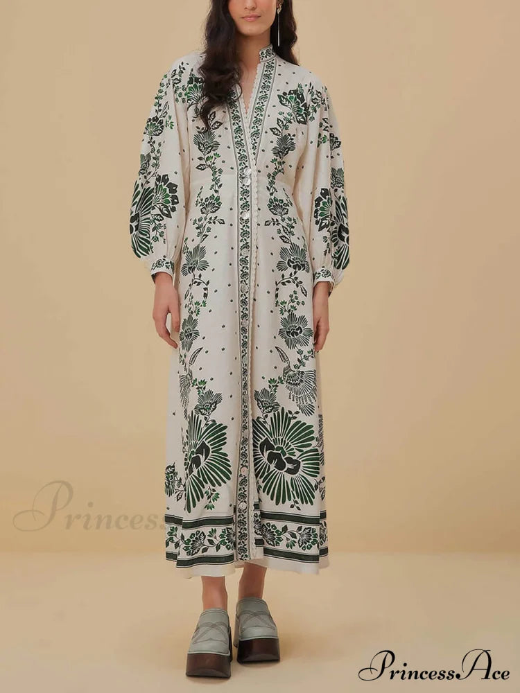 Vintage Floral Print Lantern Graceful Long Sleeve Midi Dress Dresses