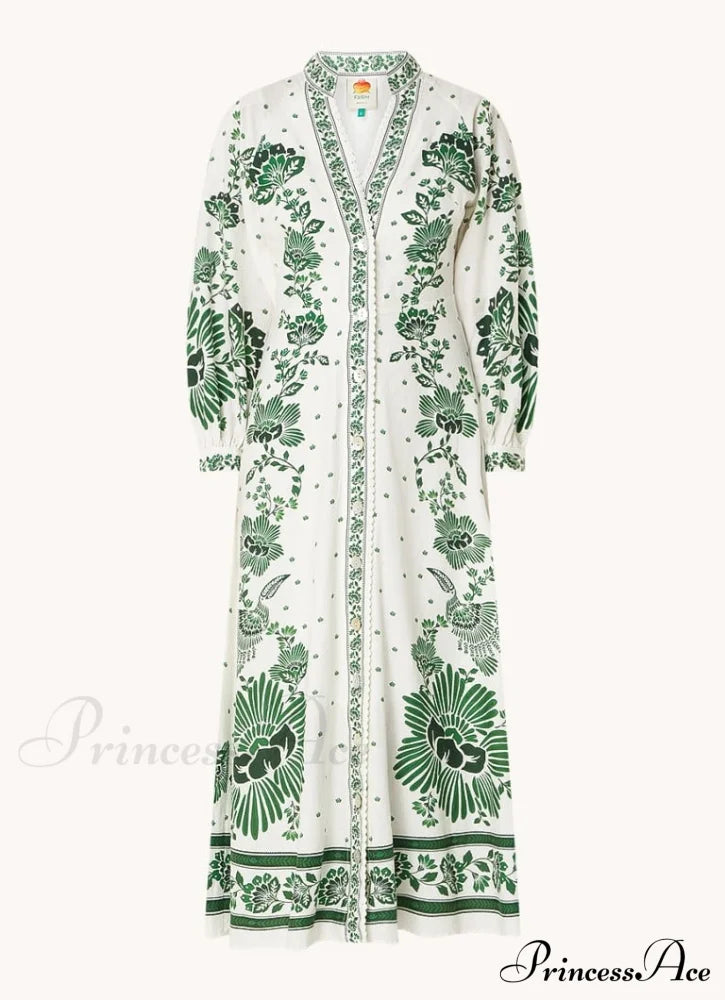 Vintage Floral Print Lantern Graceful Long Sleeve Midi Dress Dresses