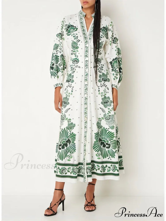 Vintage Floral Print Lantern Graceful Long Sleeve Midi Dress White / S Dresses