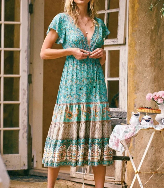 Vintage Floral Print Sashes Cross V-neck Maxi Boho Dress Green / S bohodress-250126