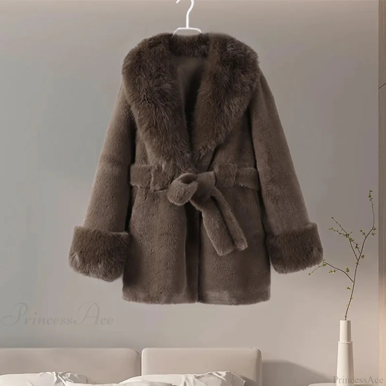 Vintage Fox Fur Belted Luxury Coat Brown / L