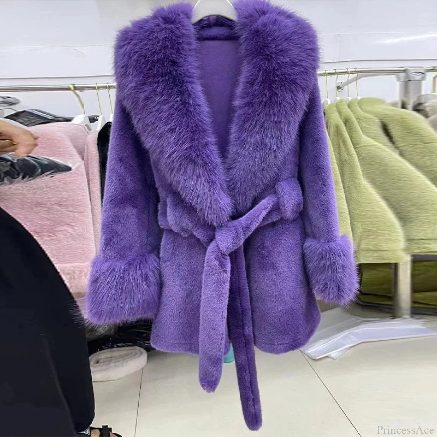 Vintage Fox Fur Belted Luxury Coat Dark Violet / L