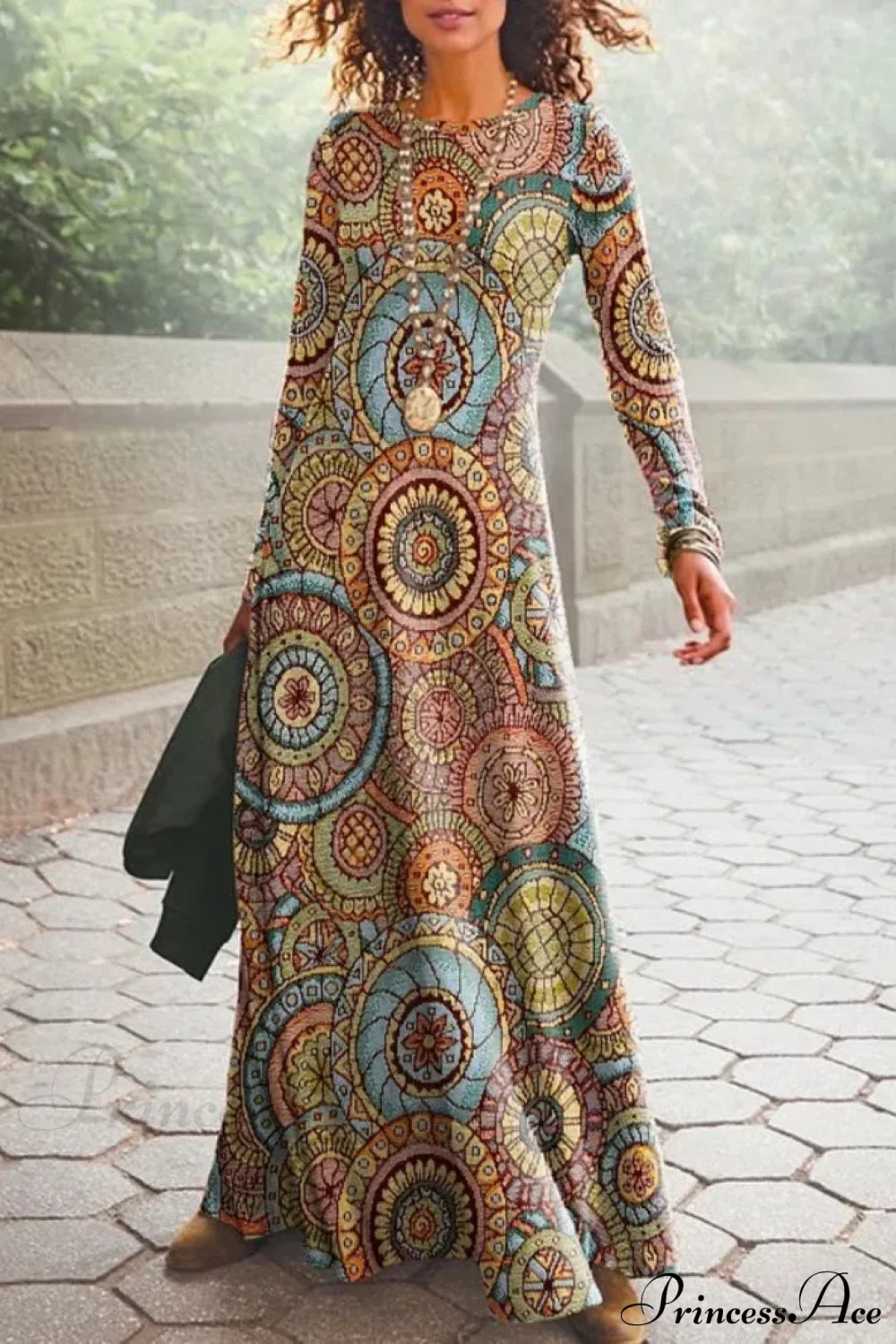 Vintage Geometric Print Long Sleeve Boho Dress Orange / S
