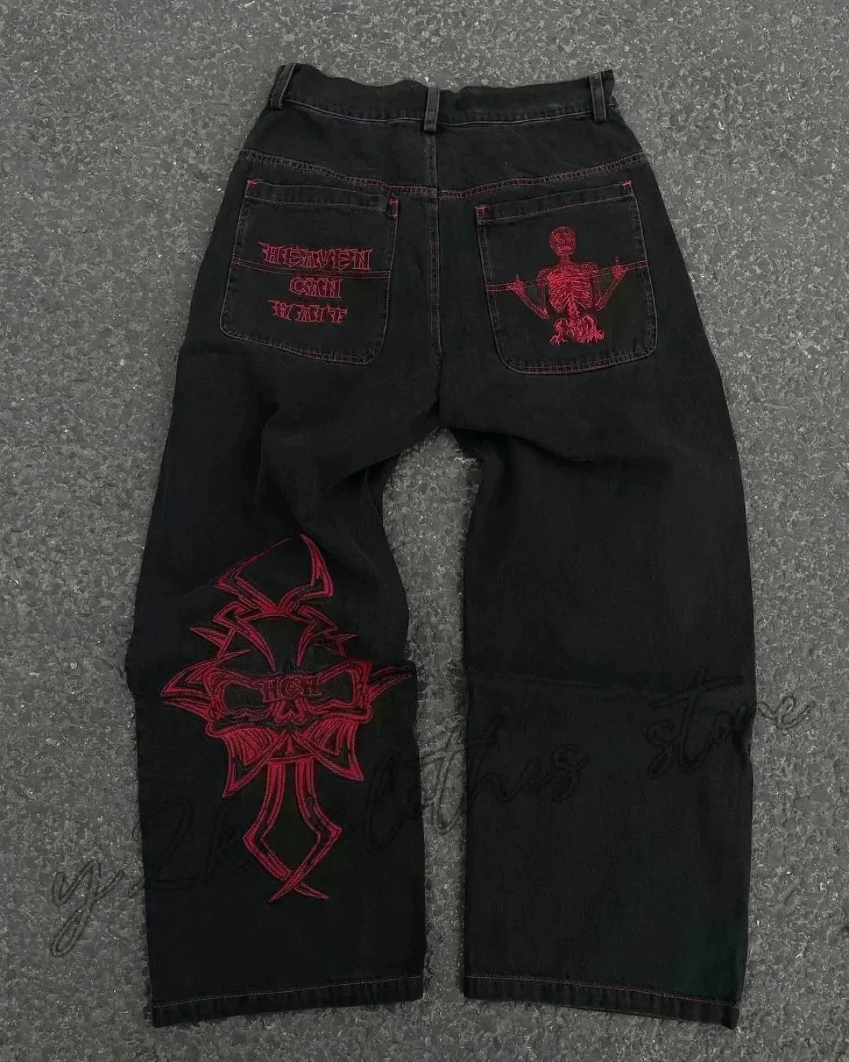 Vintage Gothic Cross Wings Stitched Pant Black3 / M