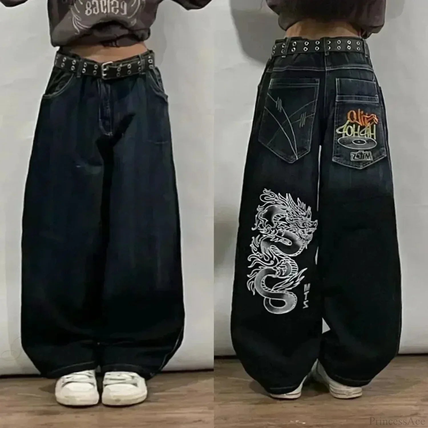 Vintage Gothic Cross Wings Stitched Pant Black7 / M