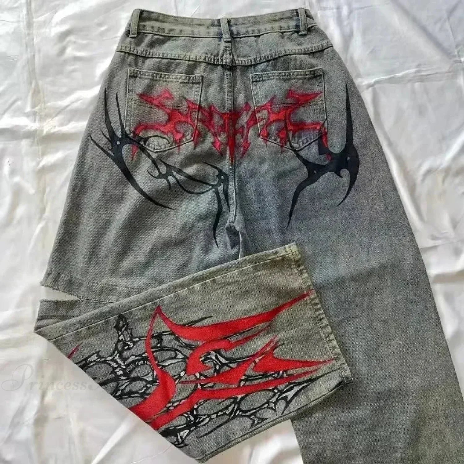 Vintage Gothic Cross Wings Stitched Pant Blue / M
