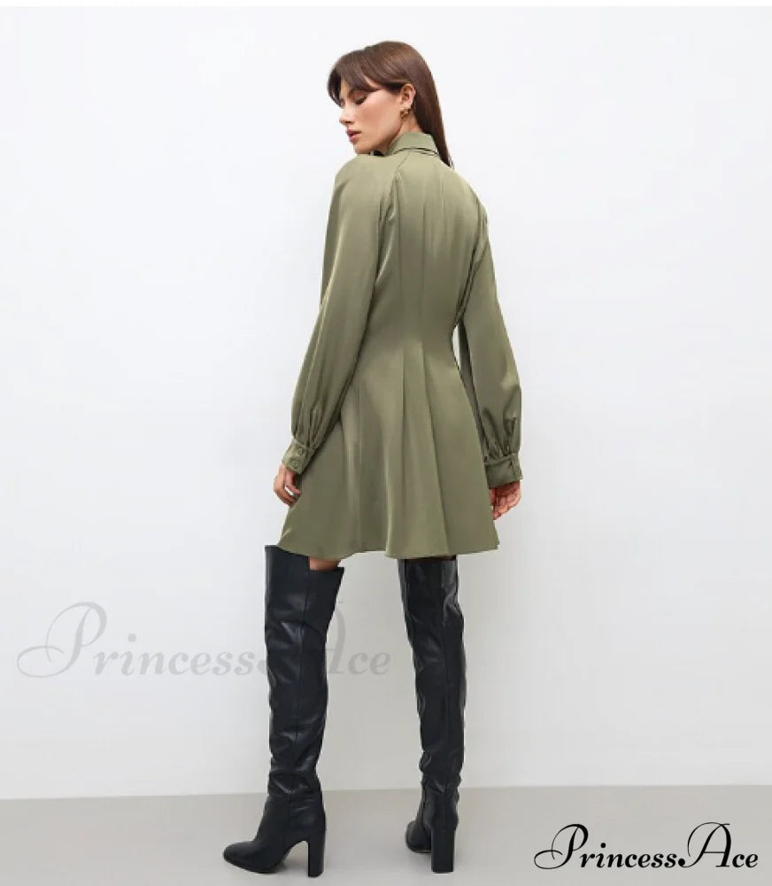 Vintage Green Office Long Sleeve Lapel Short Dress For Autumn L / Blue Dresses