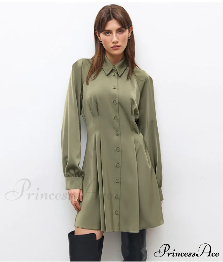Vintage Green Office Long Sleeve Lapel Short Dress For Autumn L / Green Dresses
