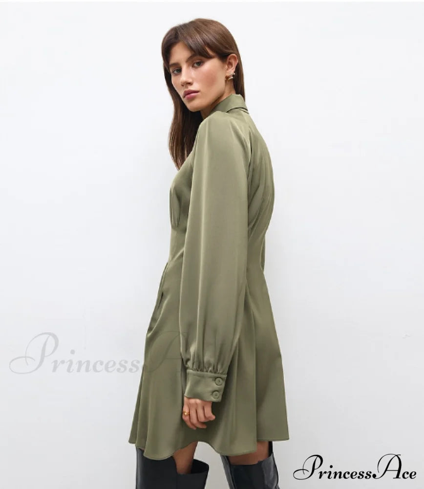 Vintage Green Office Long Sleeve Lapel Short Dress For Autumn M / Green Dresses