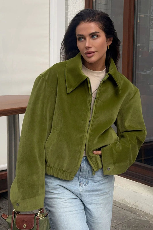 Vintage Green Velvet Loose Baseball Lapel Jacket Green / S