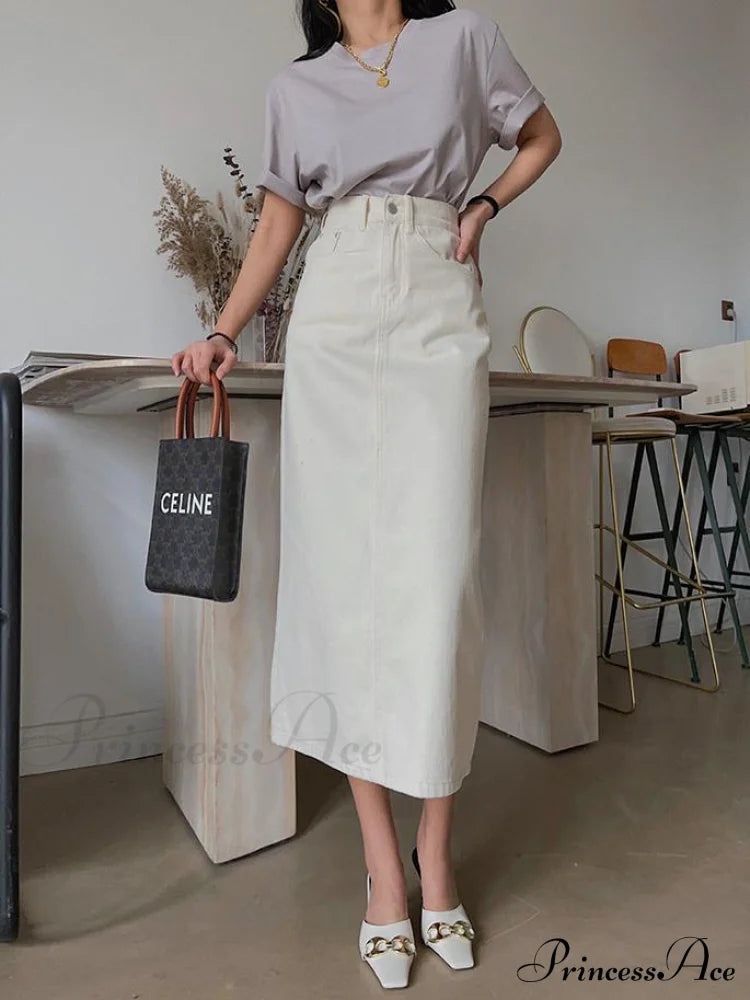 Vintage High Solid Waist Midi Split Denim Warm-Season Women Skirt Elegant White Beige / S