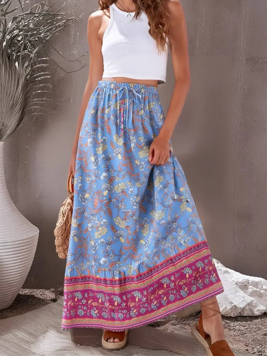 Vintage Hippie Blue Floral Print Tassel Beach Skirt High Elastic A-Line light blue / S skirt-250126