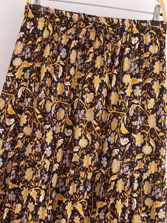 Vintage Hippie Women Floral Printed High Elastic Beach Bohemian Pleated Skirt skirt-250126