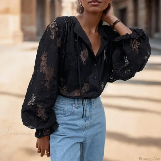 Vintage Hook Hollow Flower Lace Lantern Sleeve Blouse Black / S blouse-250126