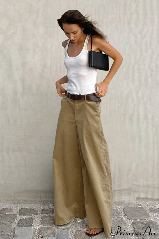 Vintage Khaki Corduroy Wide Leg Flared Pants Khaki / S