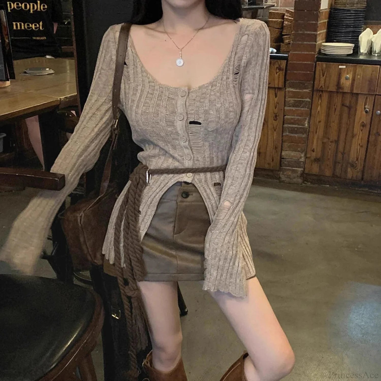 Vintage Knitted Spring Long Sleeve Button Closure Slim Knit Top Khaki / One Size knittop-250126