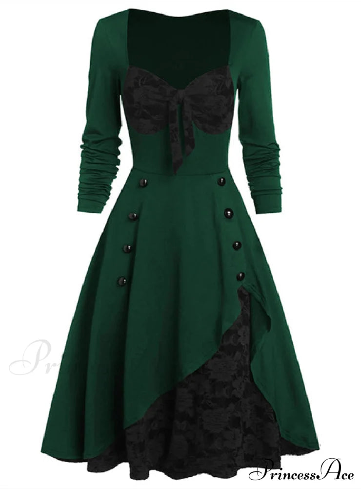Vintage Lace Button-Up Long Sleeve Dress L / Green Dresses