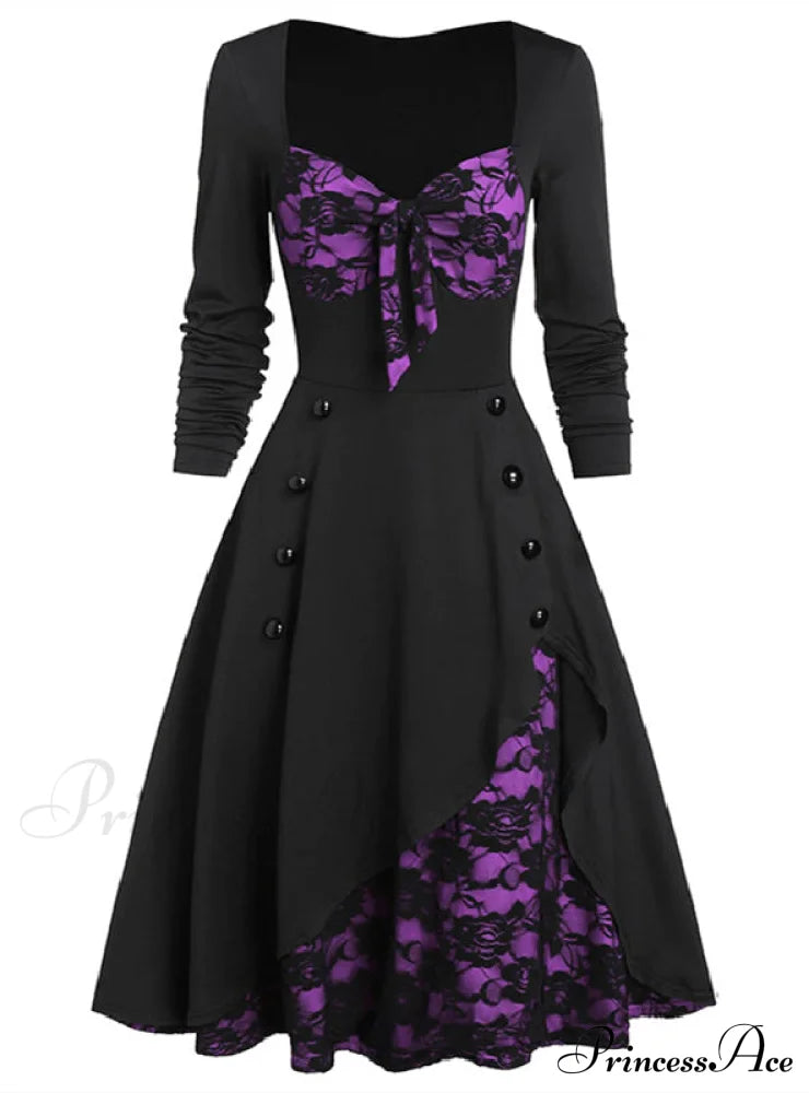 Vintage Lace Button-Up Long Sleeve Dress L / Purple Dresses