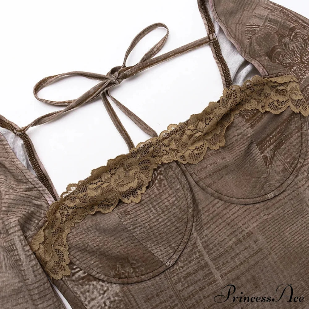 Vintage Lace Print Autumn Long Sleeve Slim Up Backless Femme Bodycon Dress