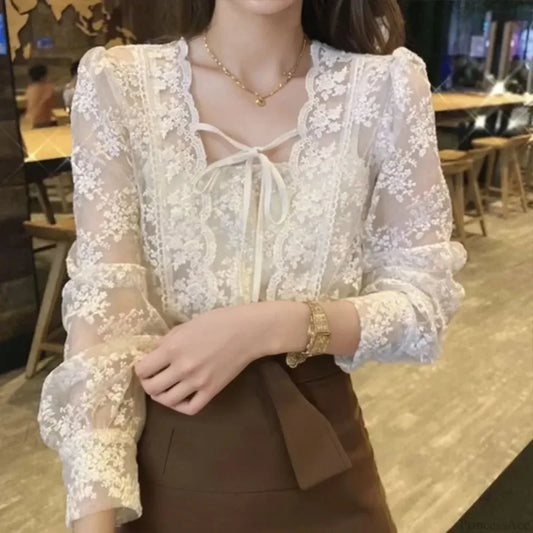 Vintage Lace Puff Long Sleeve Crochet Blouse APRICOT / S blouse-250126