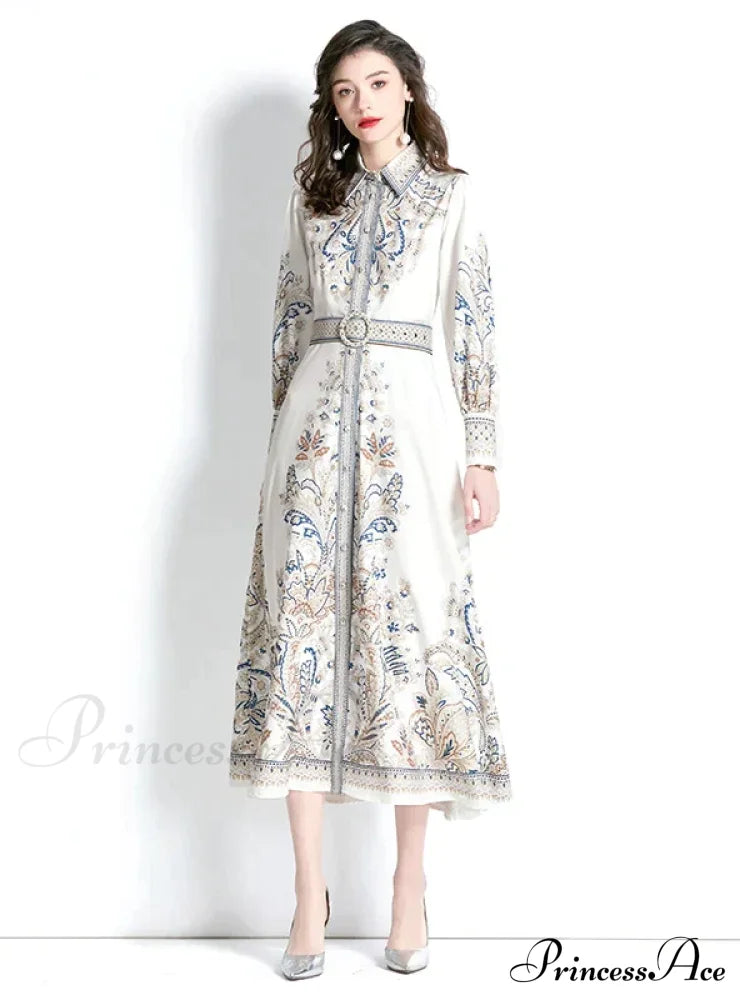 Vintage Lapel Lantern Sleeve Printed Dress L / Black