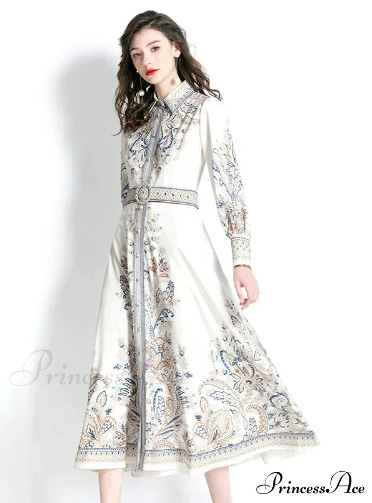 Vintage Lapel Lantern Sleeve Printed Dress L / White