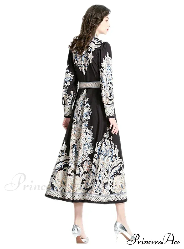 Vintage Lapel Lantern Sleeve Printed Dress M / White