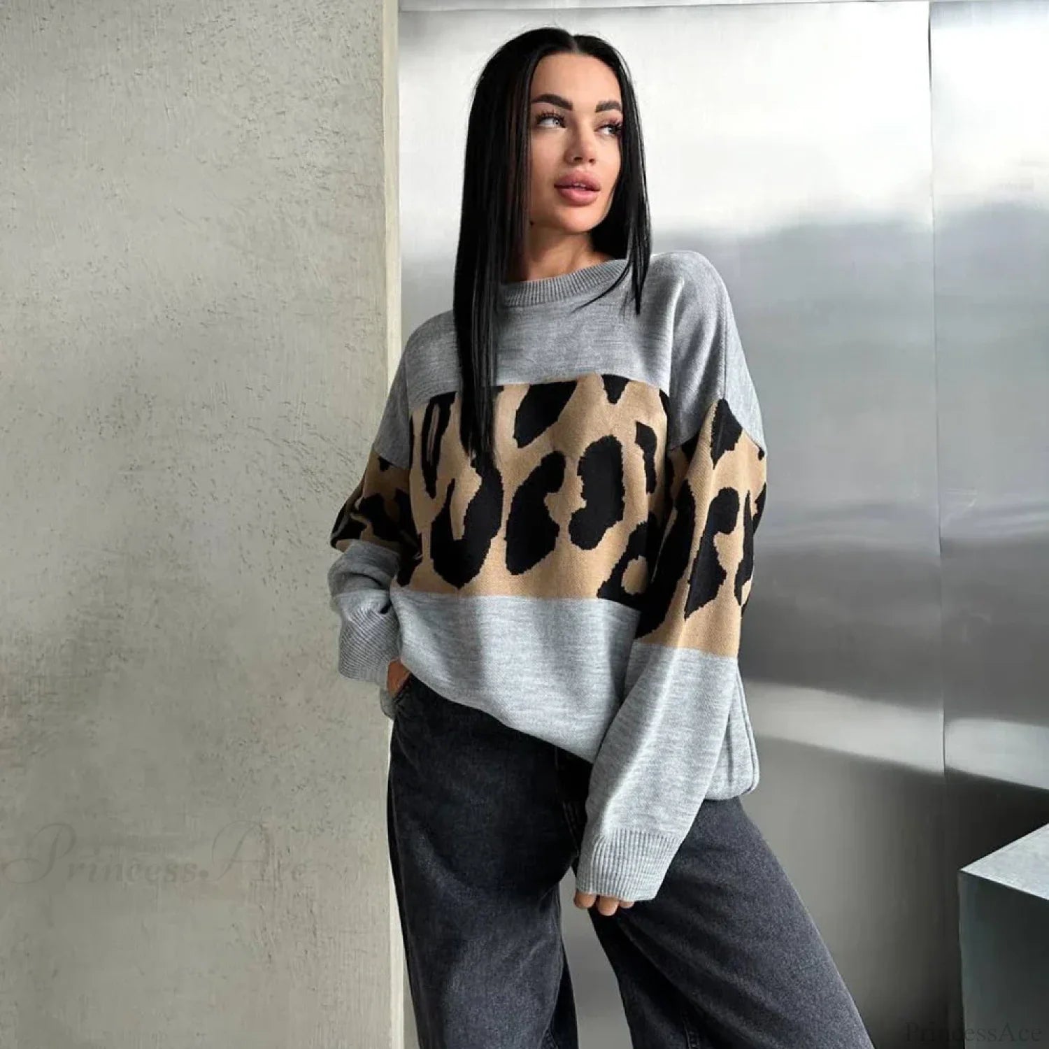 Vintage Leopard Print Loose Oversized Sweater GRAY / S