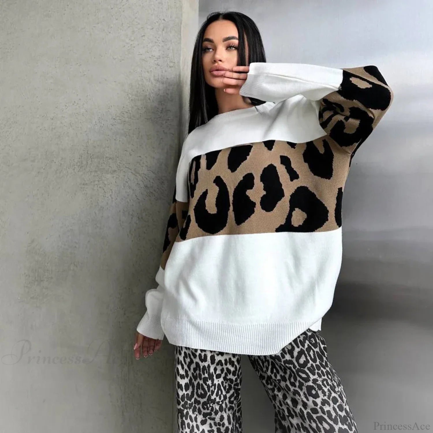 Vintage Leopard Print Loose Oversized Sweater WHITE / S