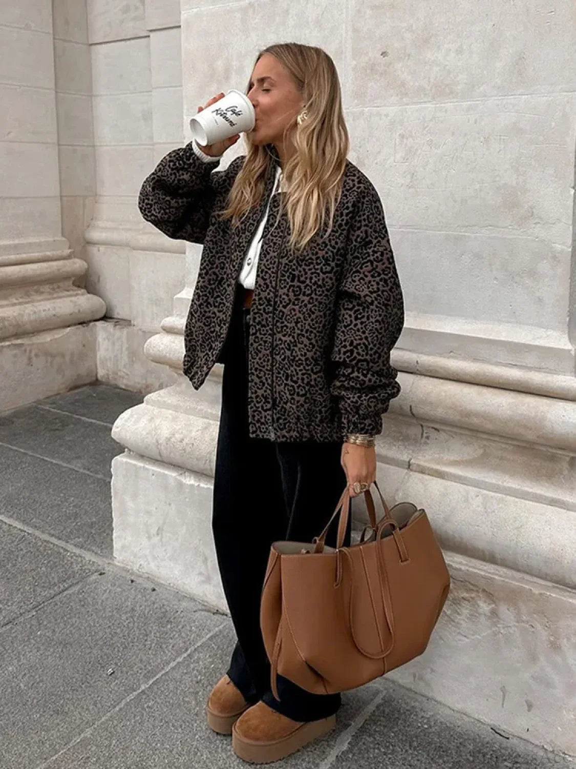 Vintage Leopard Print Zipper Coat