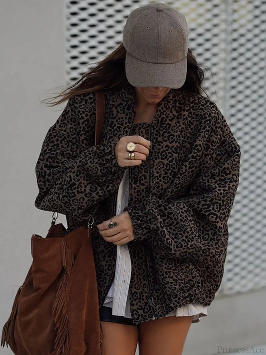 Vintage Leopard Print Zipper Coat Leopard print / S