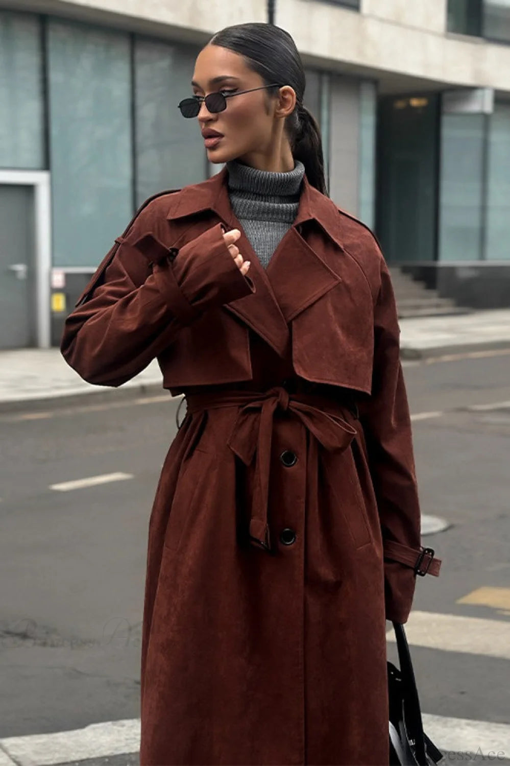 Vintage Maillard Notched Collar Suede Tie-Waist Overcoat