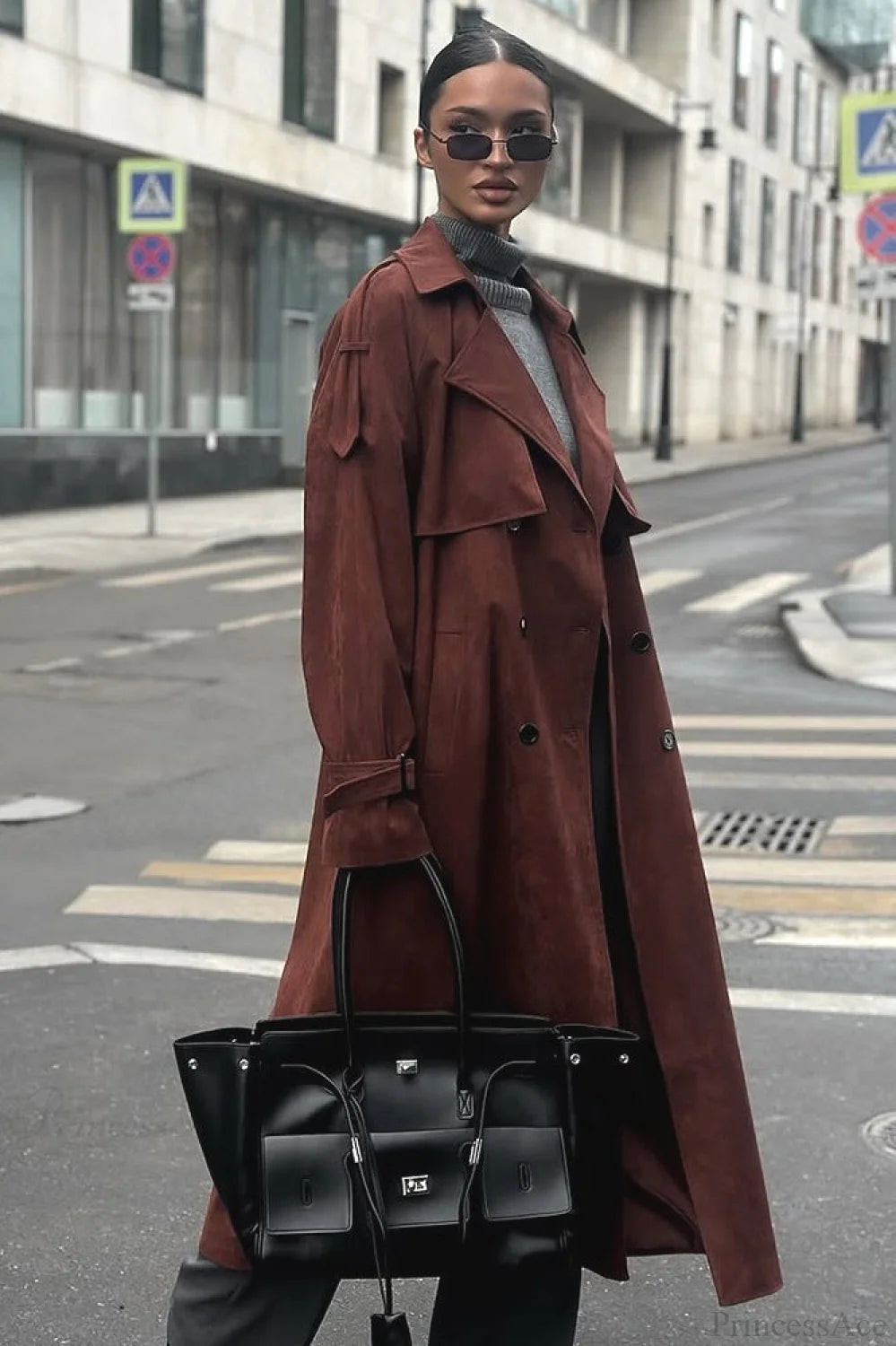 Vintage Maillard Notched Collar Suede Tie-Waist Overcoat