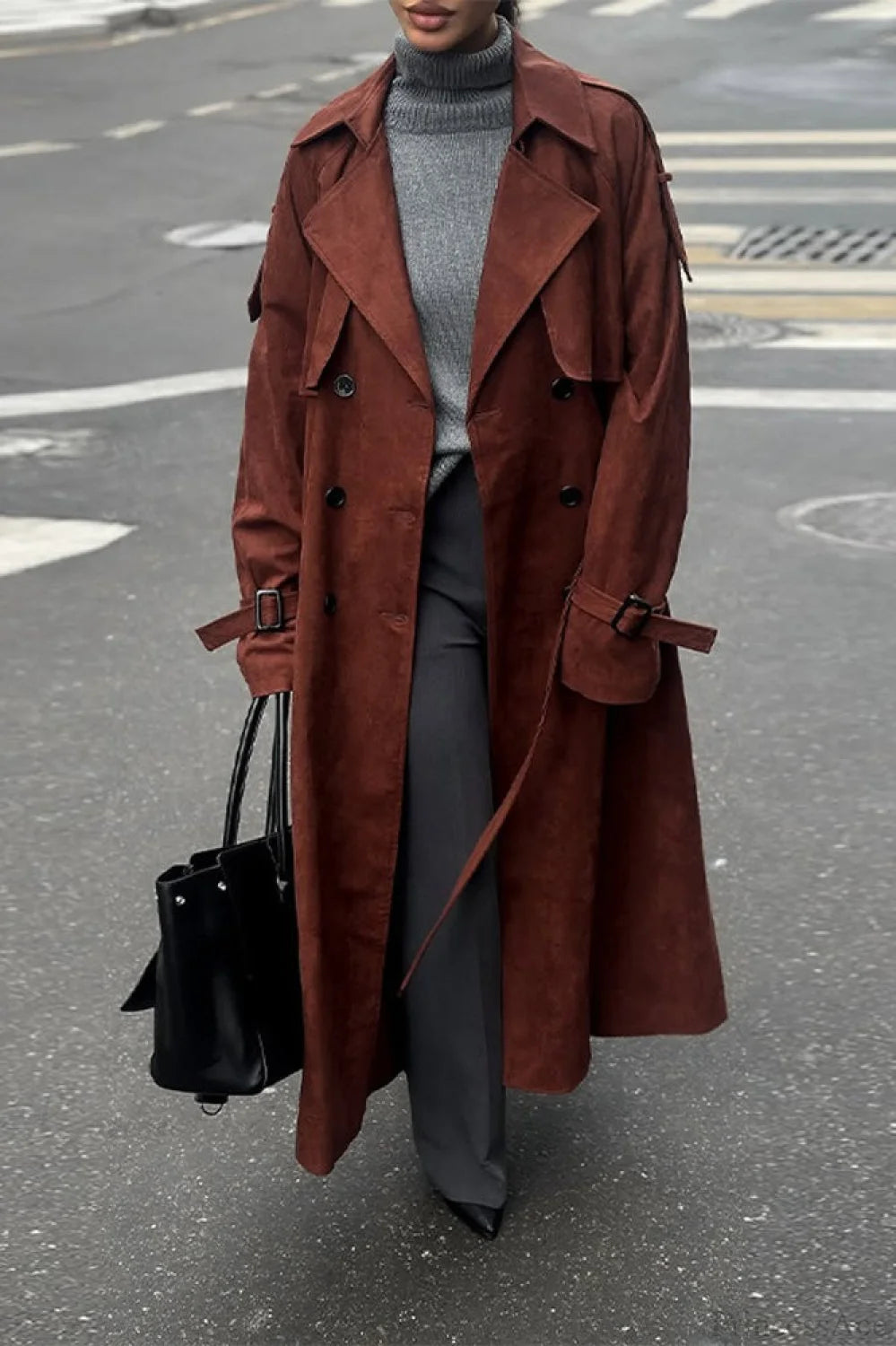 Vintage Maillard Notched Collar Suede Tie-Waist Overcoat Crimson / S