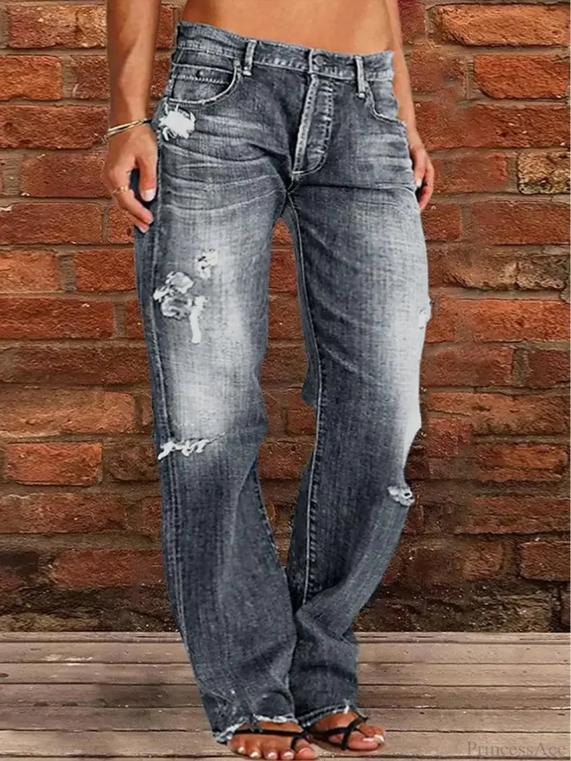 Vintage Middle-Waist Ripped Straight Blue Wide-Leg Denim Jean Grey / S