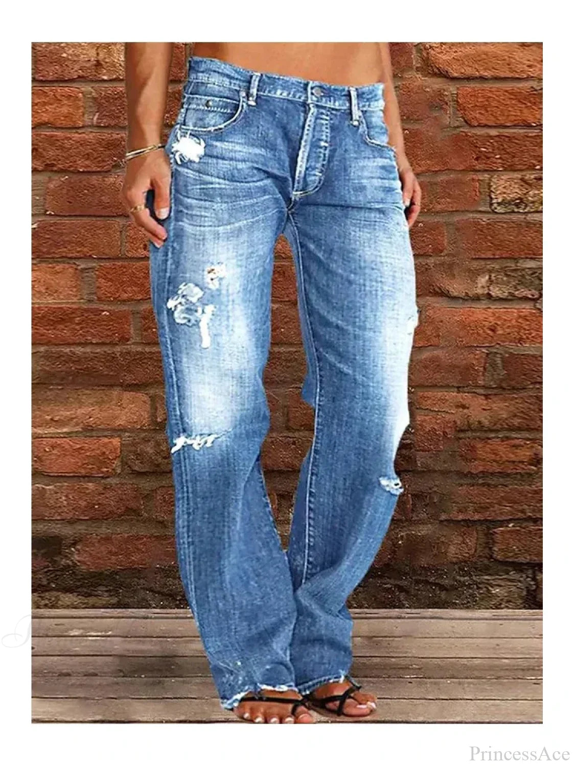 Vintage Middle-Waist Ripped Straight Blue Wide-Leg Denim Jean Light / S