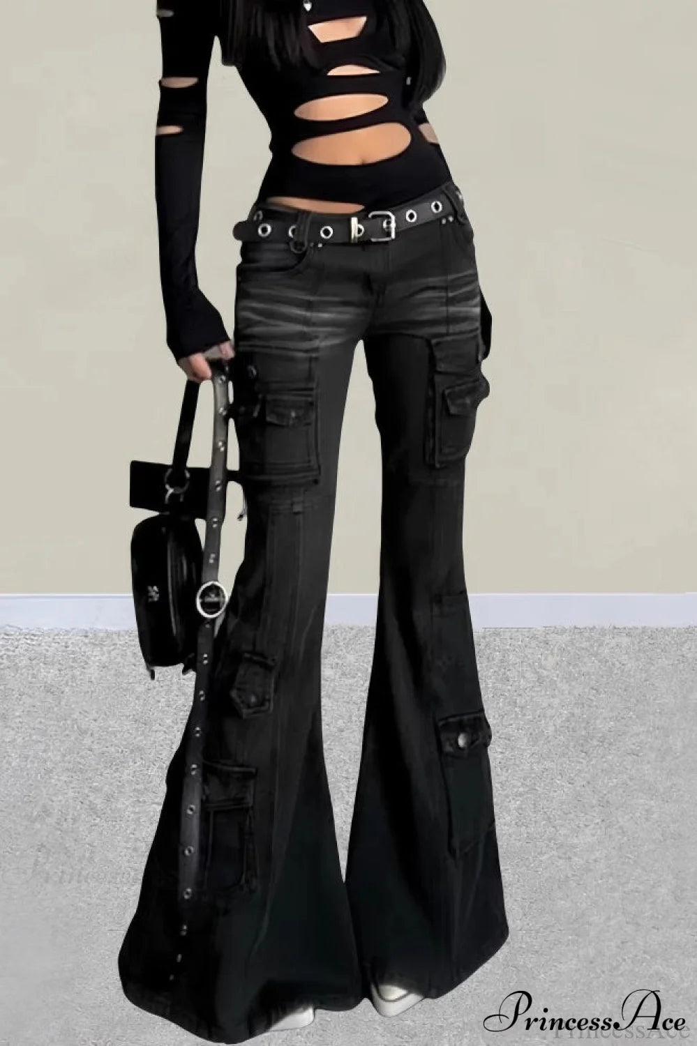 Vintage Multi-pocket Y2K Slim Flare Jeans Black / S