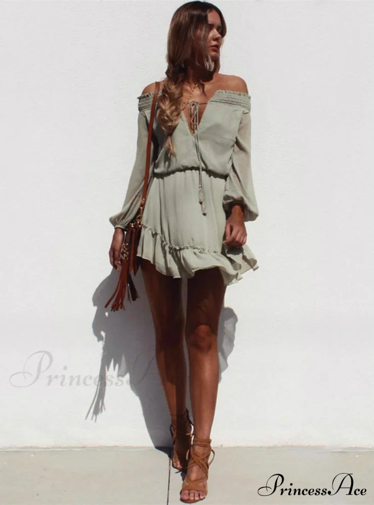 Vintage Off Shoulder Chiffon Dress With Long Lantern Sleeves S / Pink Dresses