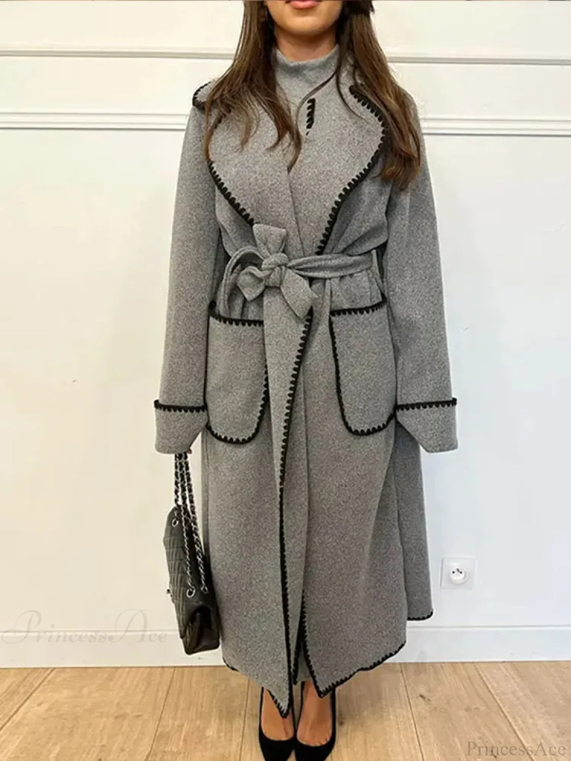 Vintage Patchwork Belted Wool Overcoat GRAY / S